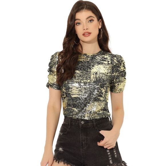 Glitter T-Shirt Party Round Neck Puff Sleeve Stretch Shiny Top Black Gold - Picture 1 of 5